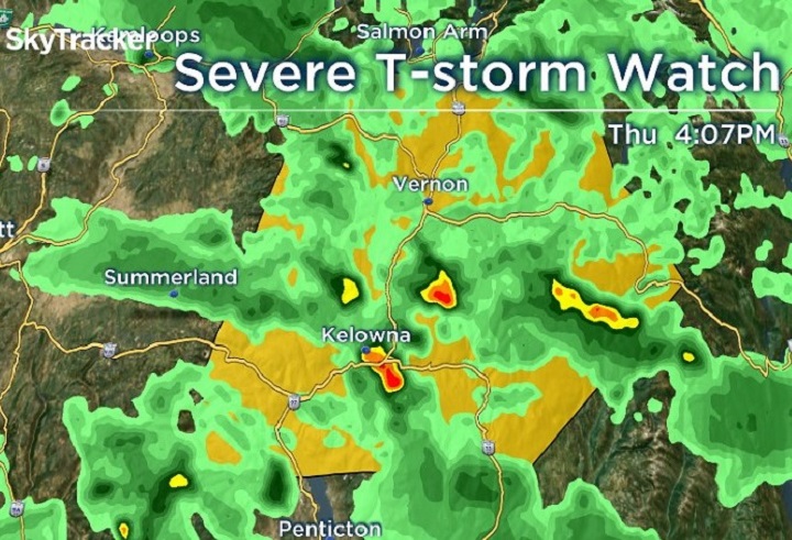 Environment Canada says conditions are favourable for thunderstorms that could produce up to 15 mm of rain an hour in the Central and North Okanagan.