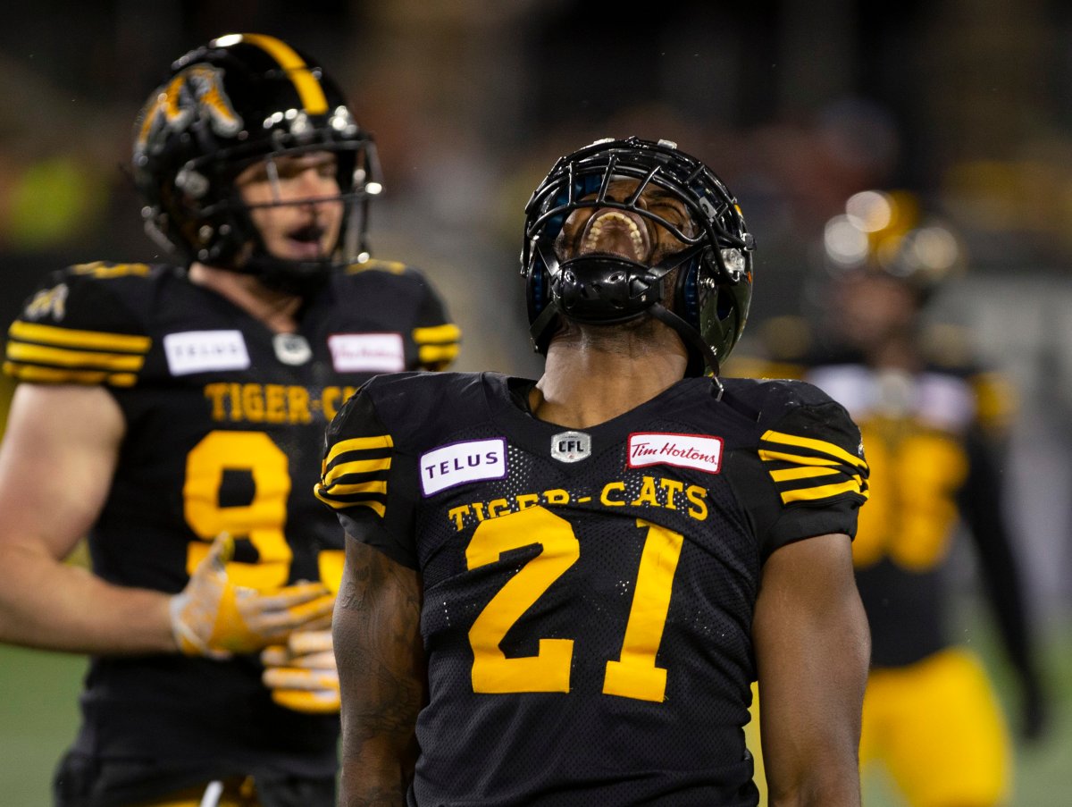 Hamilton Tiger Cats Simoni Lawrence celebrates his sack against the Saskatchewan Roughriders during second half CFL football game action in Hamilton, Ont. on Thursday, June 13, 2019.