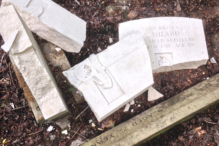 A broken headstone is shown at the Hirst Wood Burial Ground in West Yorkshire, U.K., in this image posted online June 6, 2019.
