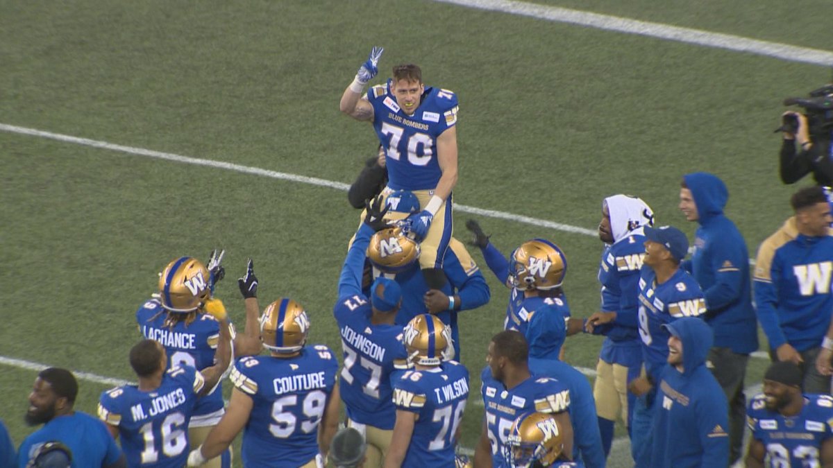 Dylan Schrot celebrates a touchdown as the Winnipeg Blue Bombers defeated the Edmonton Eskimos 20-3 in CFL pre-season action.