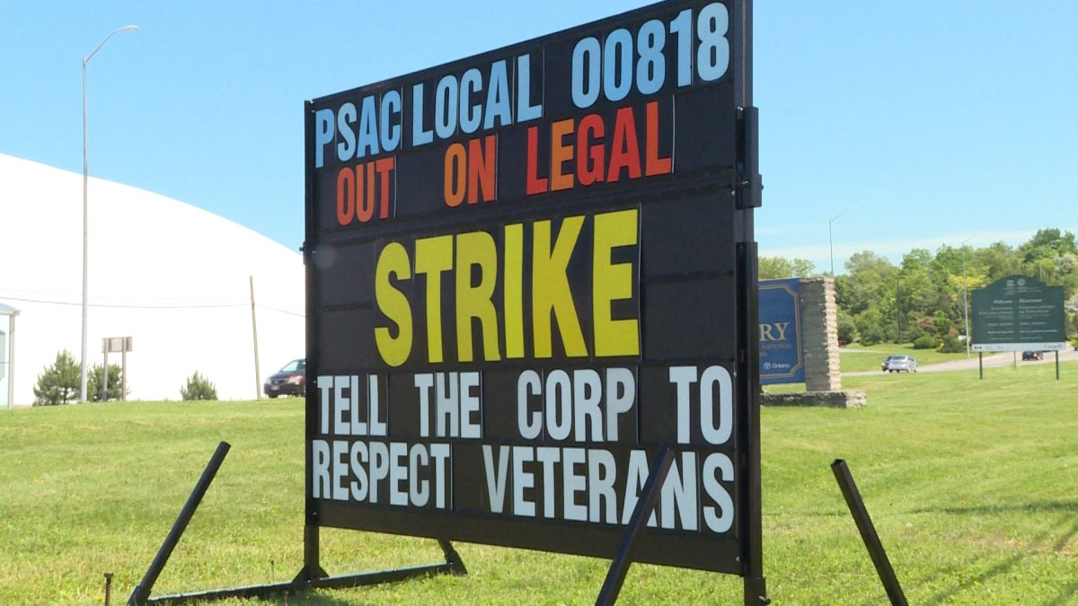 A Commissionaires strike sign near Royal Military College in Kingston.