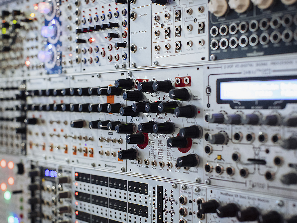 A full-frame shot of modular set up at a recording studio.