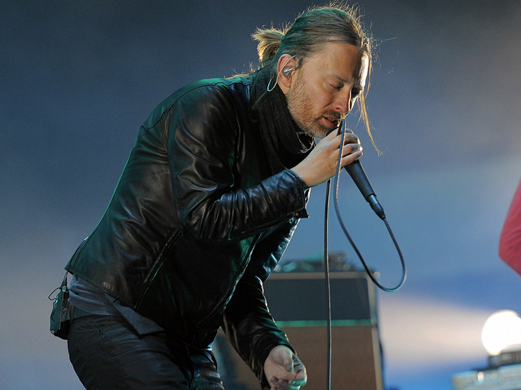 Thom Yorke of Radiohead performs during the band's headlining set at the 2012 Coachella Valley Music and Arts Festival in Indio, Calif.