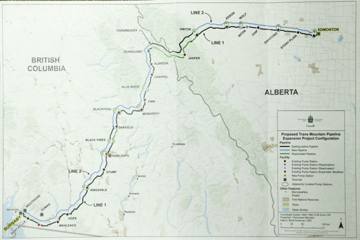 A map of the proposed Trans Mountain pipeline expansion.