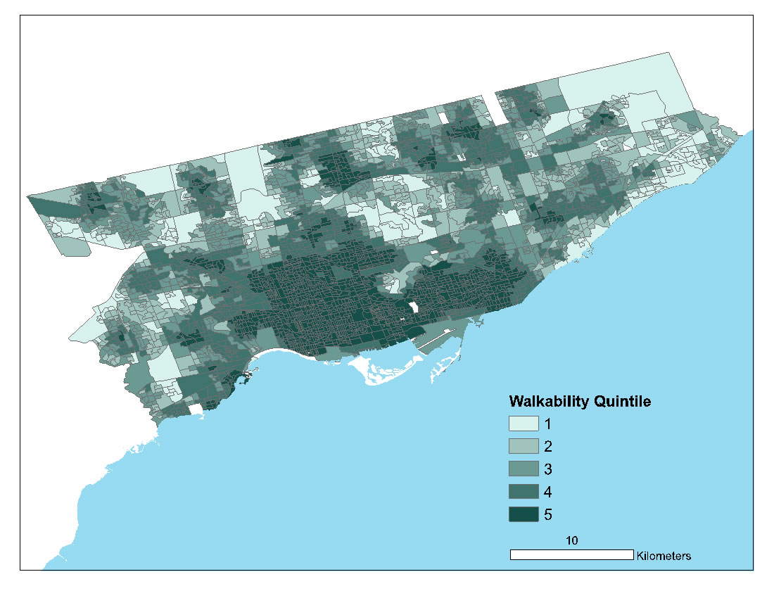 A map showing walkability scores in Toronto, with darker areas indicating more walkable neighbourhoods.