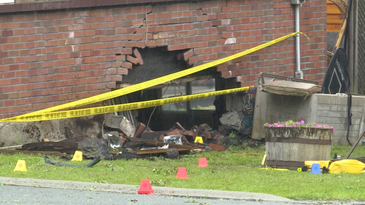 A speeding pickup truck crashed into a home, leaving a hole in the basement wall.