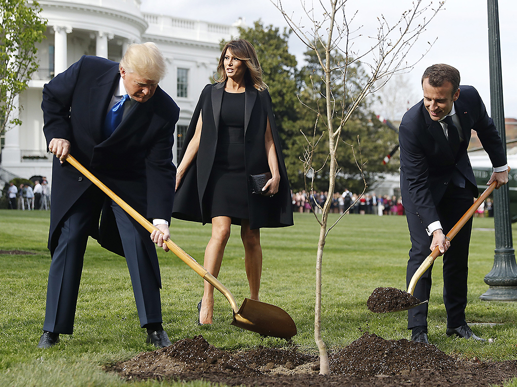 Donald Trump (L) and First Lady Melania Trump, along with French President Emmanuel Macron (R),  participate in a tree planting in front of the White House in Washington, DC, on April 23, 2018.
