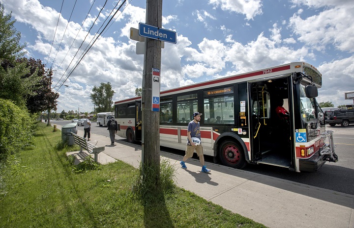 A photo of a TTC bus stopping at Linden Avenue.