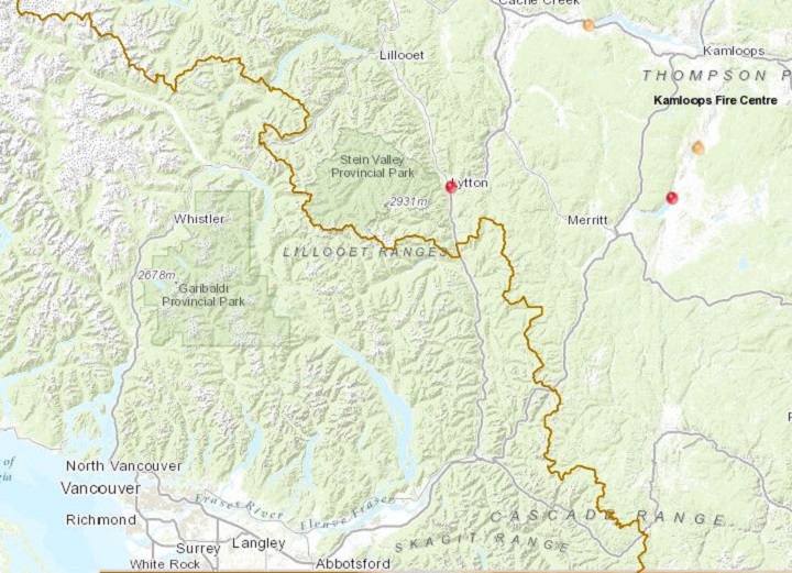 A map showing two small fires in B.C.’s Southern Interior. One fire is located northeast of Merritt, the second is near Lytton.