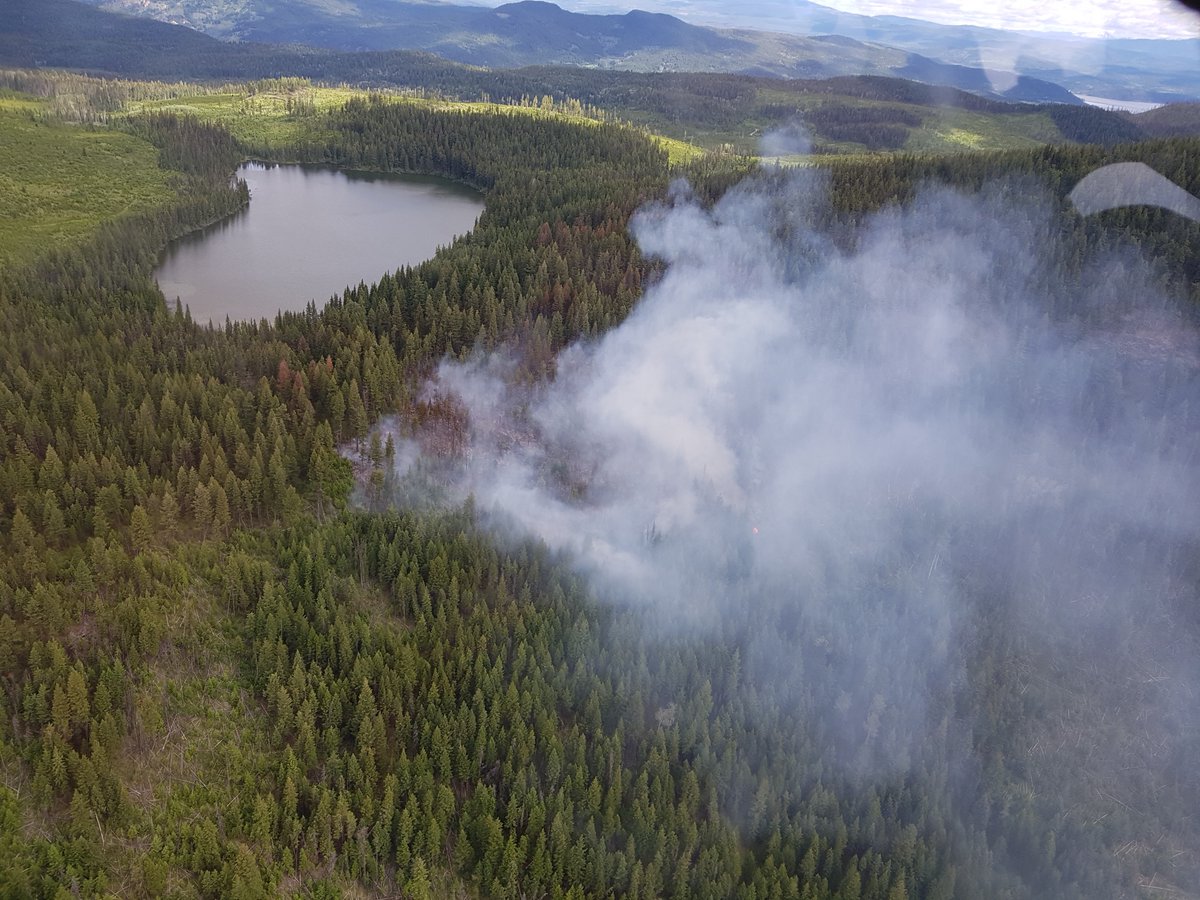 An aerial view of a wildfire burning near Drewry Lake in the Cariboo region. 