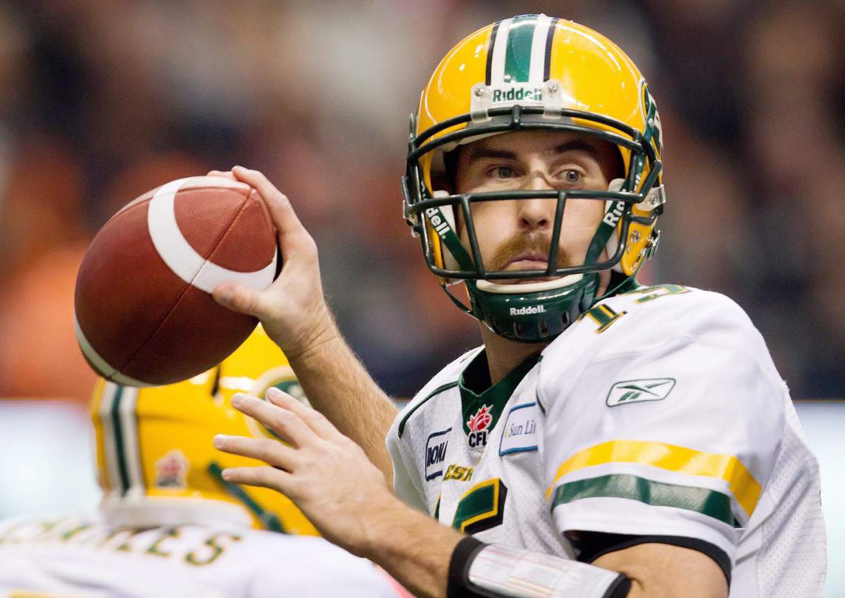 Edmonton Eskimos' quarterback Ricky Ray passes against the B.C. Lions during the first half of the CFL Western Final football game in Vancouver, B.C., on Sunday Nov. 20, 2011. 