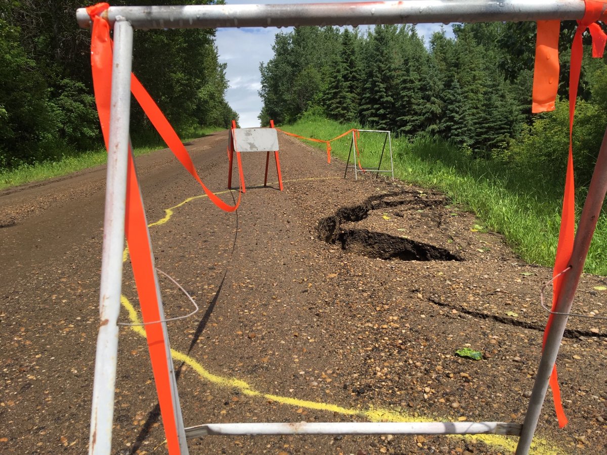 Range Road 71 in Lac Ste. Anne County damaged by precipitation. July 11, 2019.