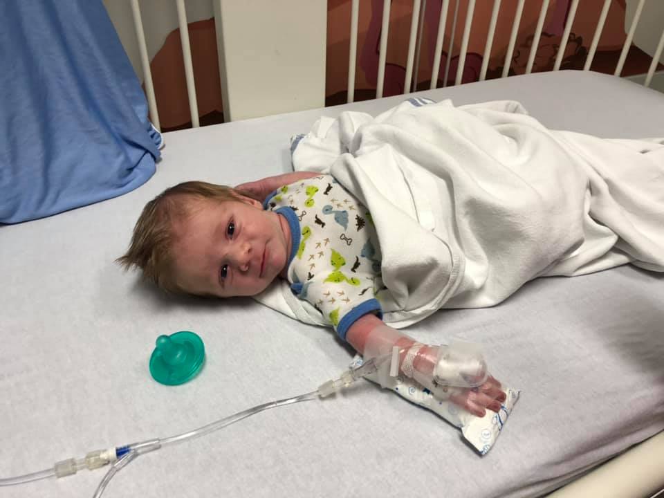 Hudson Cowie in hospital. ‘Mighty Hudson’ was diagnosed with Severe Combined Immunodeficiency shortly after he was born on June 23, 2019.