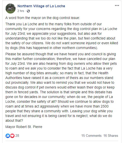 A message posted on the Facebook page of Northern Village of La Loche on July 18, 2019.