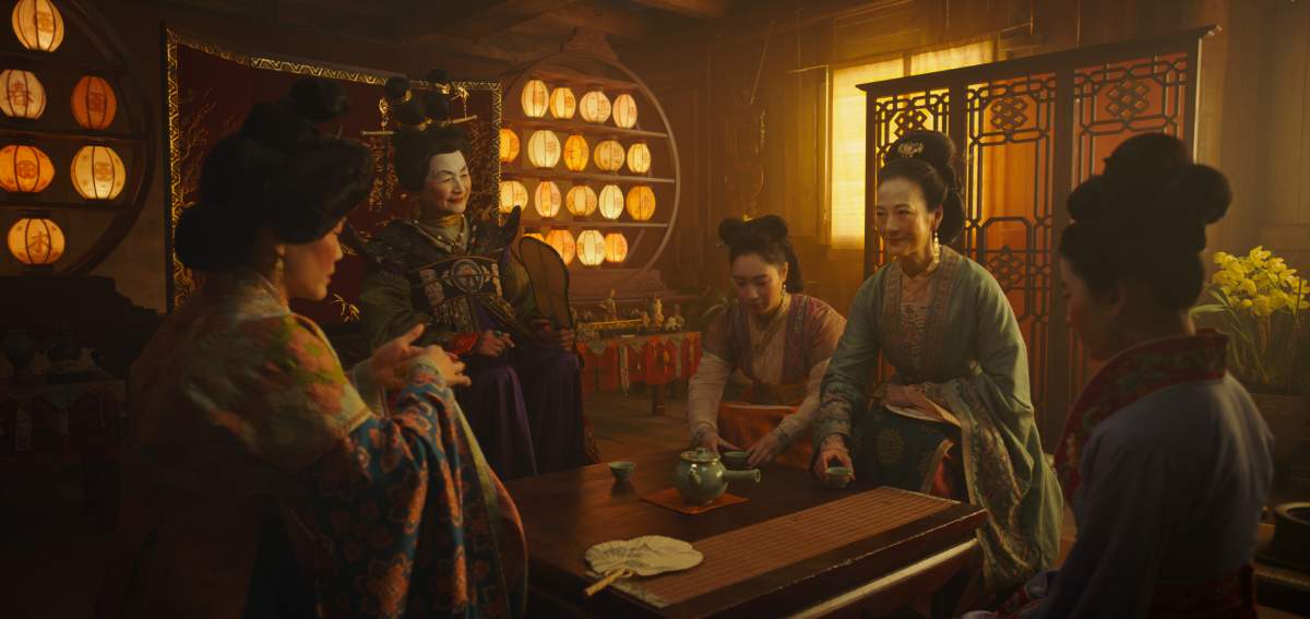 Disney’s Mulan (left to right): Groom’s mother, matchmaker (Pei-Pei Cheng), Xiu (Xana Tang), Wuwei (Rosalind Chao) and Mulan (Yifei Liu). Photo: Film Frame. © 2019 Disney Enterprises, Inc. All Rights Reserved.
