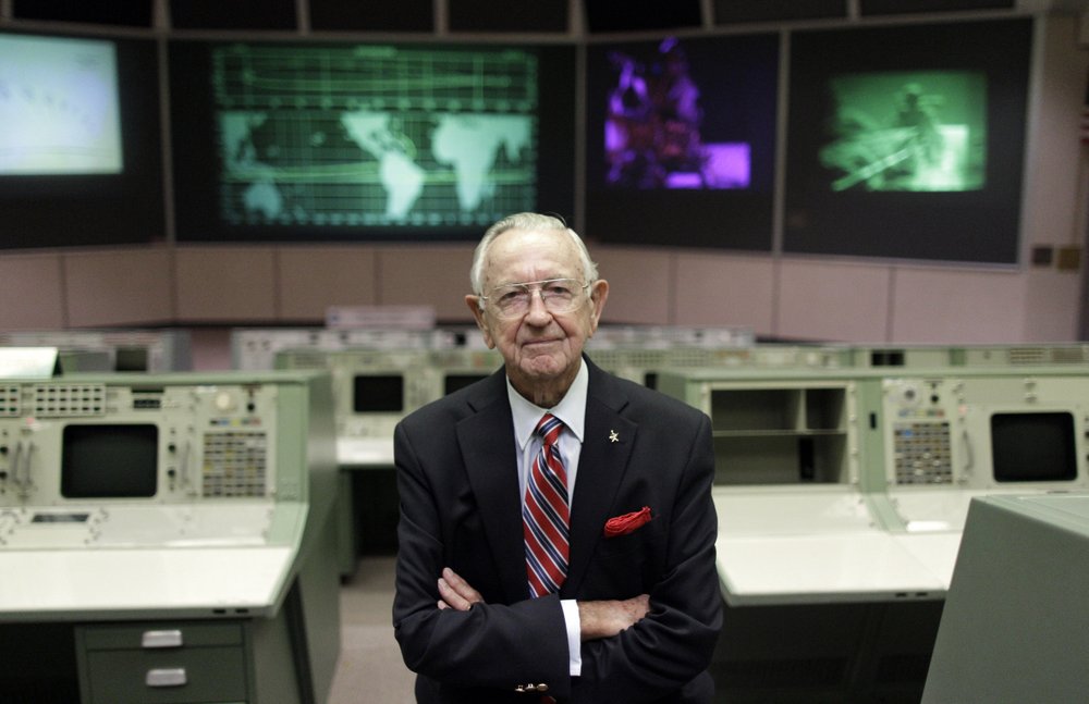FILE - This Tuesday, July 5, 2011, file photo shows NASA Mission Control founder Chris Kraft in the old Mission Control at Johnson Space Center in Houston. Kraft, the founder of NASA's mission control, died Monday, July 22, 2019, just two days after the 50th anniversary of the Apollo 11 moon landing. He was 95.