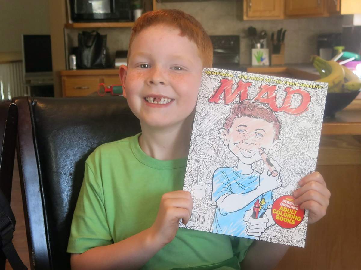 7-year-old TJ Desjarlais poses in Medicine Hat, Alta., on May 6, 2016. Desjarlais is basking in the limelight after being featured in Mad Magazine as a dead ringer for the publication’s iconic face Alfred E. Neuman.