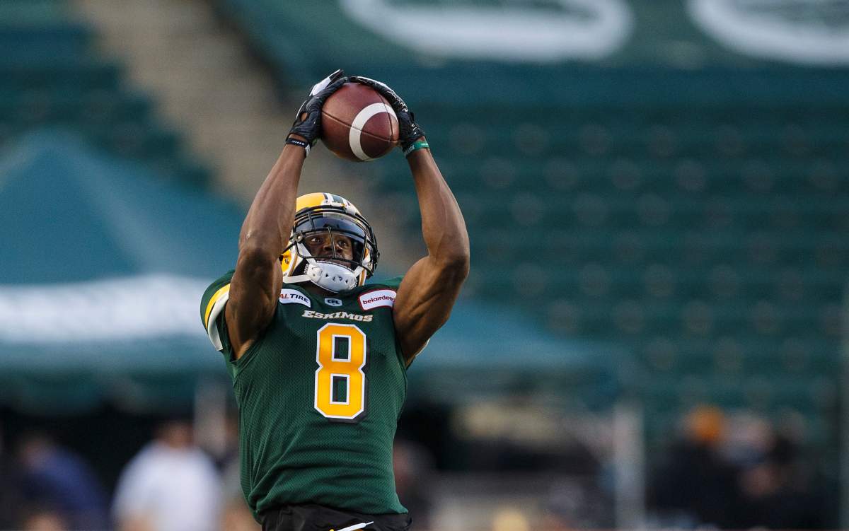 Receiver Kenny Stafford (8) makes the catch against the Montreal Alouettes during second half CFL action in Edmonton on Friday, June 14, 2019. 