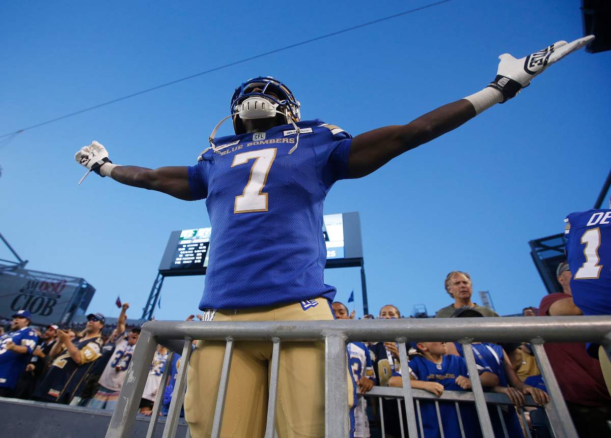Winnipeg Blue Bombers' Lucky Whitehead (7) celebrates his touchdown against the Edmonton Eskimos during the second half of CFL action in Winnipeg Thursday, June 27, 2019. 
