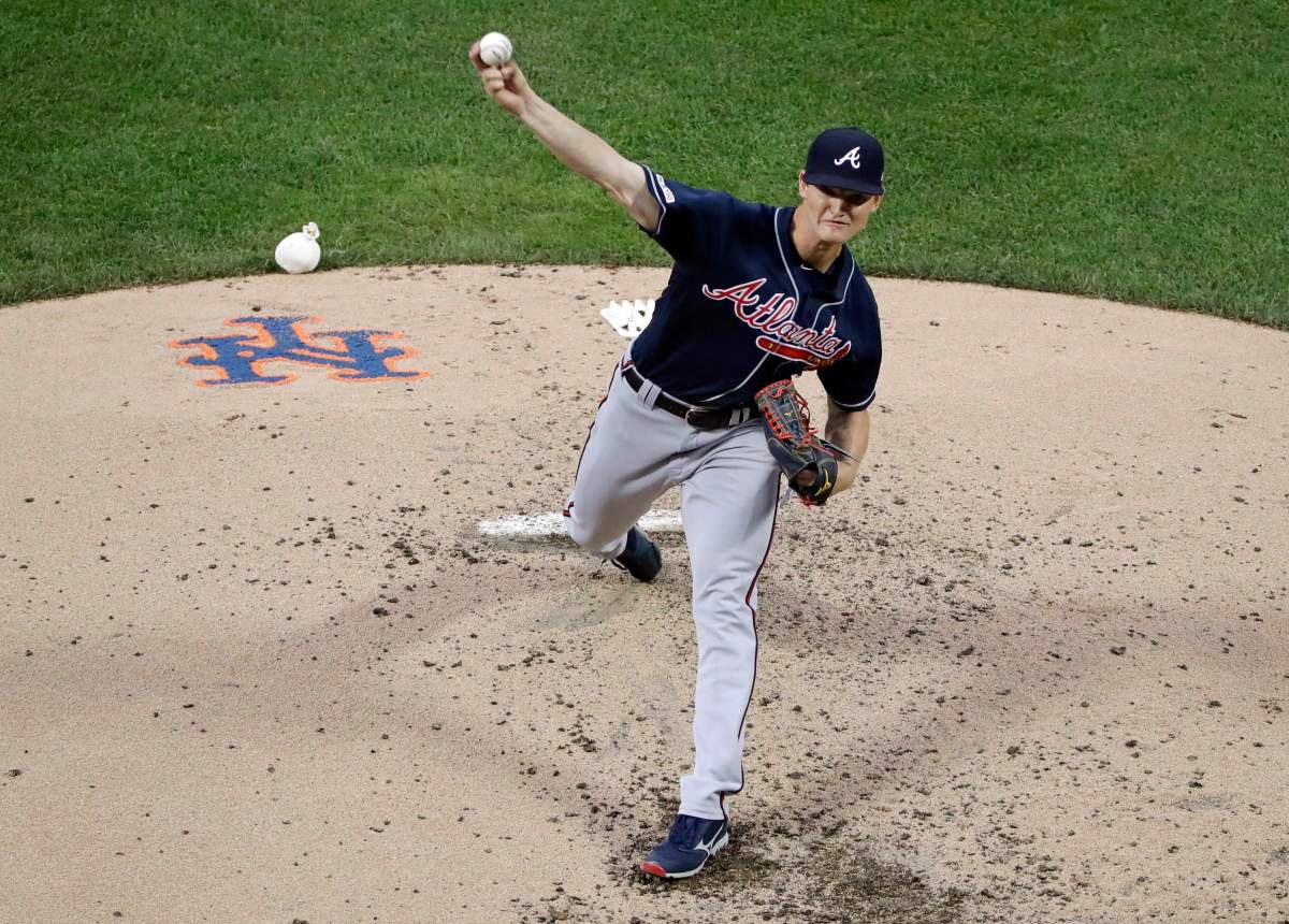 Atlanta Braves' Mike Soroka delivers a pitch during the fourth inning of a baseball game against the New York Mets, Friday, June 28, 2019, in New York.