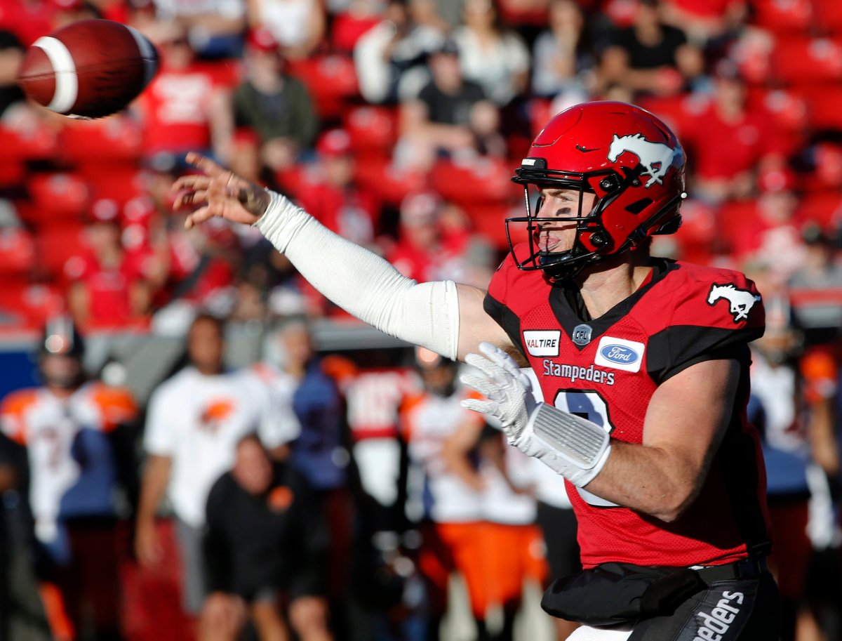 Calgary Stampeders quarterback Nick Arbuckle replaced Bo Levis Mitchell in the game's final minutes and led the team to a 36-32 comeback win over the BC Lions during fourth quarter CFL action in Calgary on Sat., June 29, 2019.  
