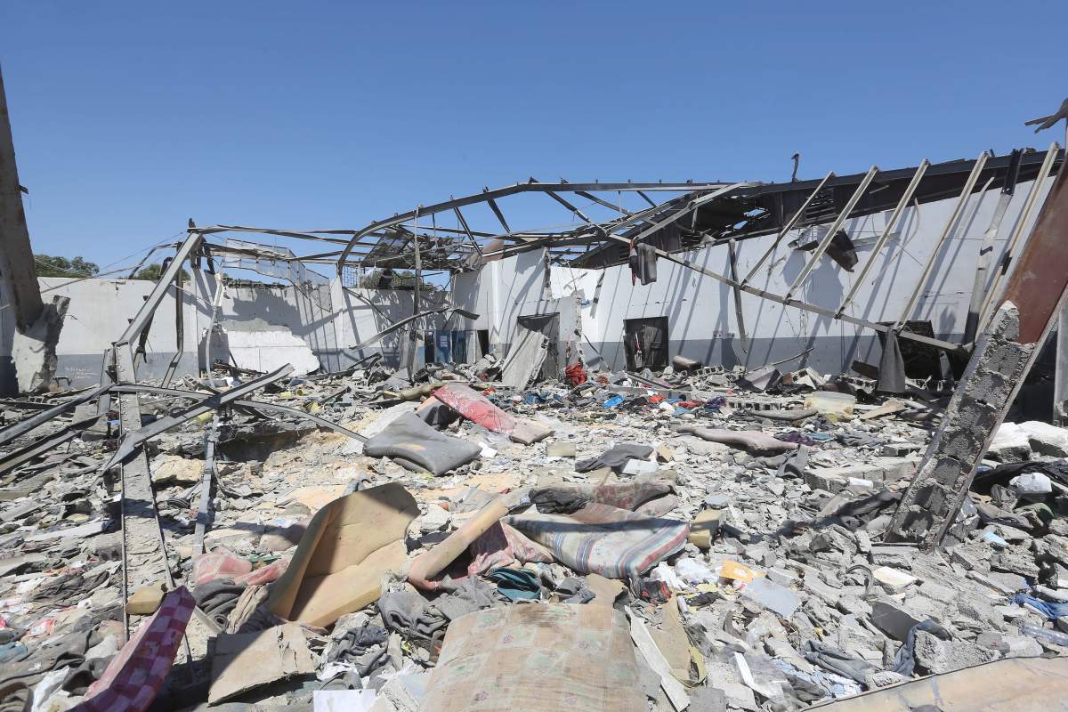 A general view of the destroyed detention center in Tripoli's, Libya, 03 July 2019. according to media reports, At least 44 people killed and 130 were injured after strike hit the Tajoura detention center held at least 600 refugees were attempting to reach Europe from Libya. 