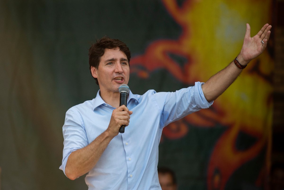 Canadian Prime Minister Justin Trudeau speaks to the crowd during the official opening of Sunfest in Victoria Park in London, Ont., on Thursday.