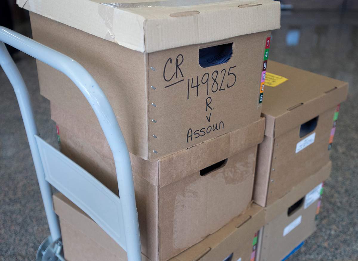 A cart hold files from the case involving Glen Assoun, the Nova Scotia man who spent almost 17 years in prison for a crime he didn’t commit, outside Supreme Court in Halifax on Friday, July 12, 2019.