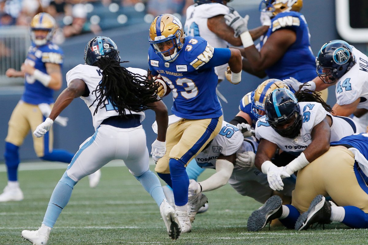 Winnipeg Blue Bombers' Andrew Harris (33) runs for the first down during first half CFL football action against the Toronto Argonauts, in Winnipeg, Friday, July 12, 2019.