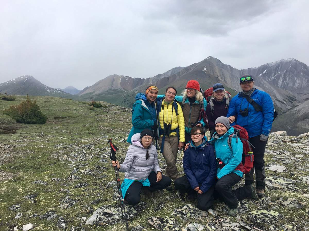 A group of women is one of the first groups to hike into the Banff backcountry to see the bison herd from June 30-July 6. L to R (back row): Tanealle Shade, Marie-Eve Marchand, Julia Lynx, Karen Barkley and Diandra Bruised Head; L to R (front row): Glinis Buffalo, Monroe Fox and Kansie Fox.