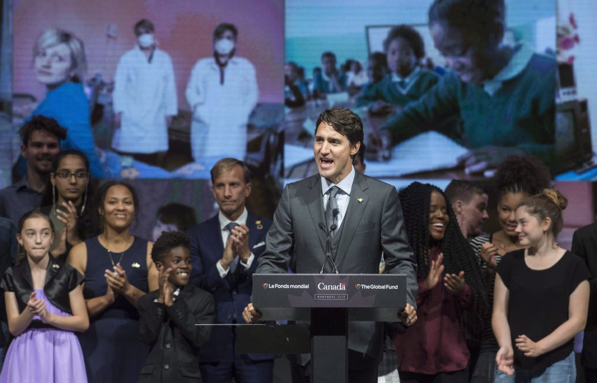 Prime Minister Justin Trudeau addresses the audience during the closing ceremony at the Global Fund conference Saturday, September 17, 2016 in Montreal. 