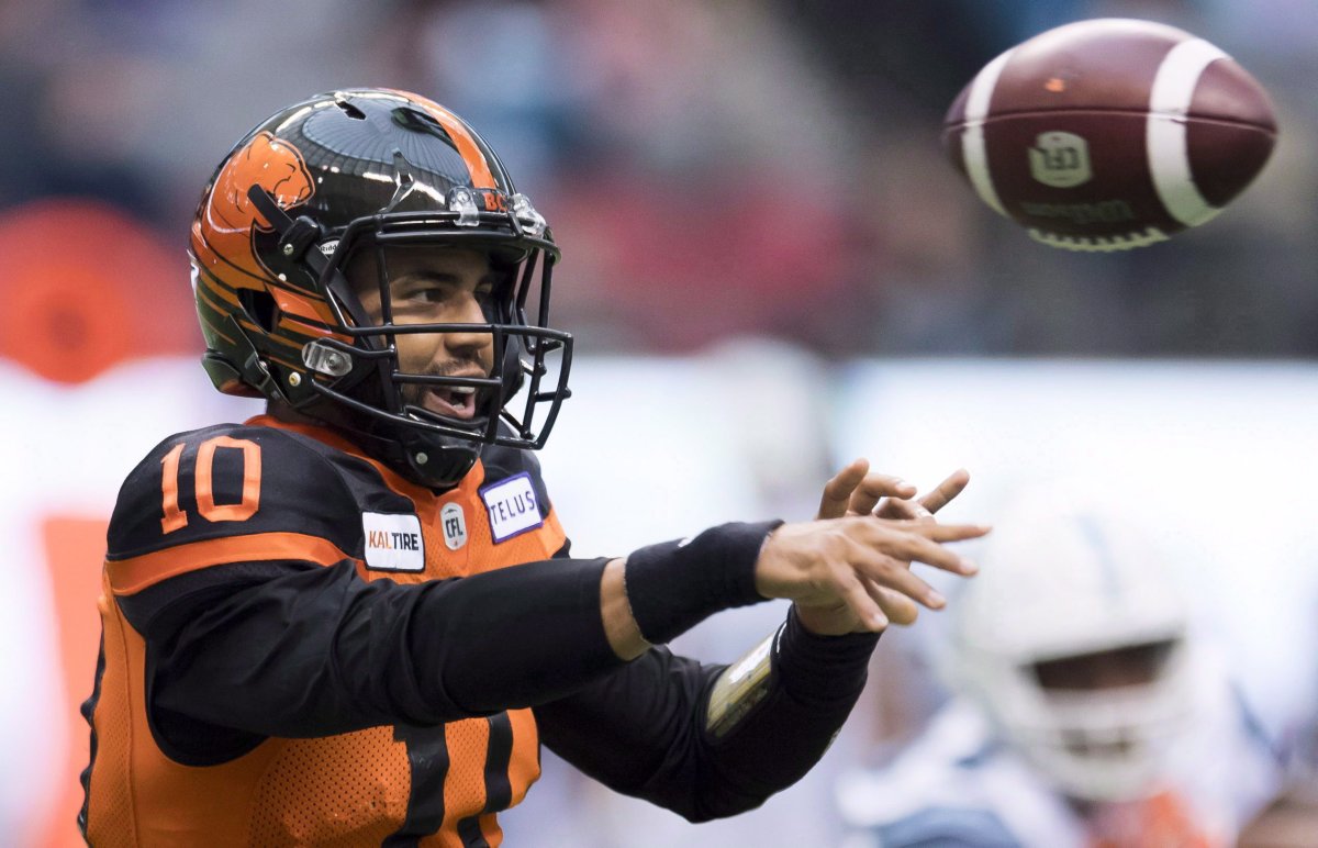 BC Lions quarterback Jonathon Jennings (10) throws the ball during CFL football action against the Toronto Argonauts in Vancouver on Saturday, Oct. 6, 2018. The Ottawa Redblacks had a new quarterback under centre Tuesday. A club official confirmed backup Jonathan Jennings was working with the club's starting offence at practice and that incumbent Dominique Davis has an unspecified injury.