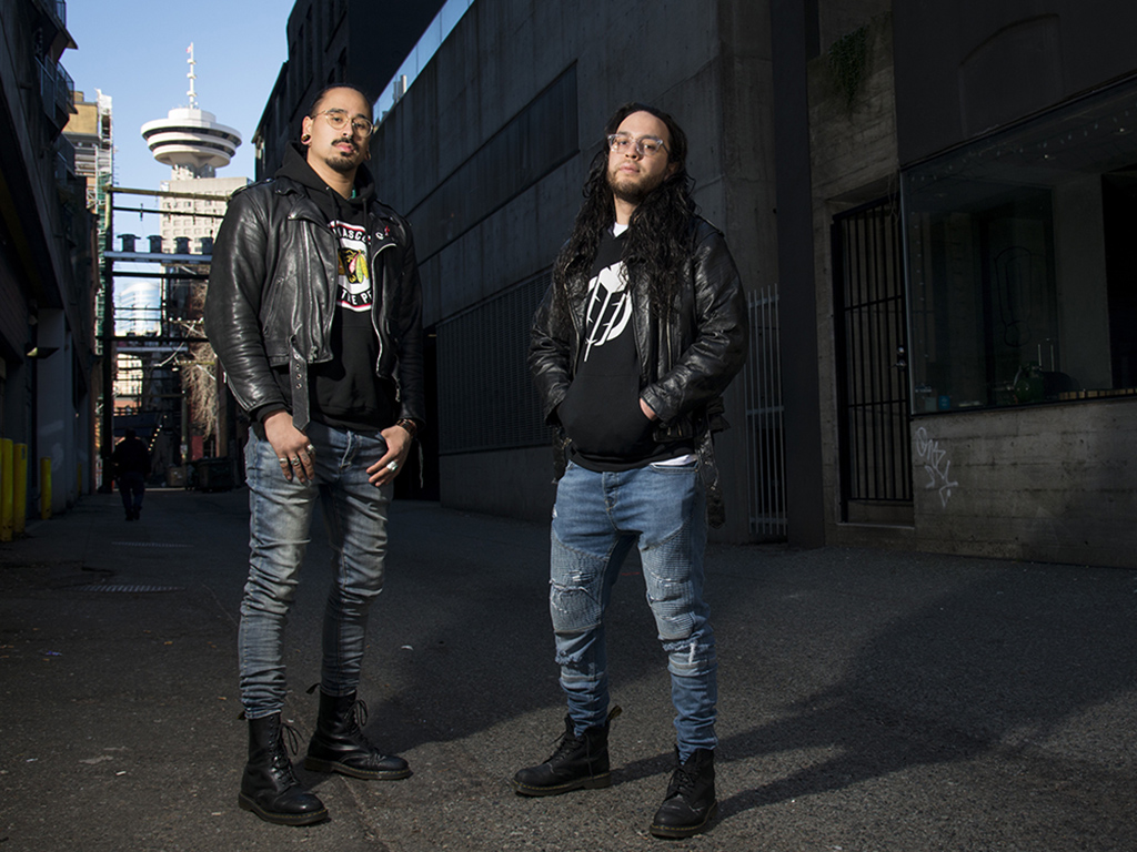 Quinton Nyce, left, and Darren Metz of Snotty Nose Rez Kids pose for a photo in downtown Vancouver, B.C. on Feb. 26, 2019.