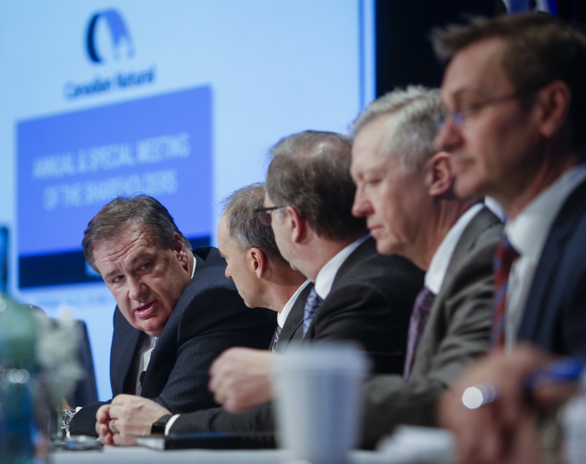Canadian Natural Resources Ltd. chairman Murray Edwards, left, prepares to address the company's annual meeting in Calgary on May 9, 2019. The Alberta Liabilities Disclosure Project says the province's largest oil and gas companies are underestimating how much it will cost to clean up thousands of oil and gas wells drilled over past decades. 
