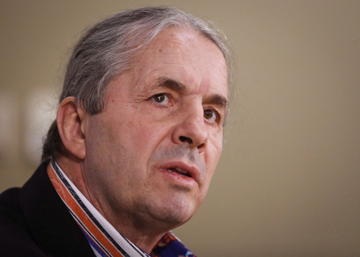 Former professional wrestler Bret Hart speaks at a news conference in Calgary, Alta., on March 7, 2016. A Calgary plastic surgeon is denying any negligence in a lawsuit filed by former wrestler Bret Hart who alleges he has lost the use of his right index finger and thumb after wrist surgery in 2015. The legendary grappler, known as "The Hitman" filed a lawsuit against Dr. Justin Yeung in Nov. 2017 saying he is unable to use his right hand to pick up and use objects including pens and utensils. 