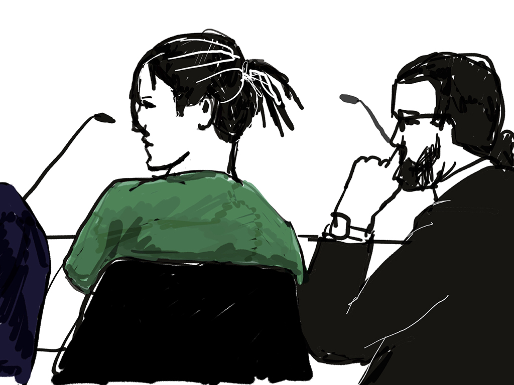 In this courtroom sketch, Rakim Mayers (L) known as A$AP Rocky, sits in the district court in Stockholm, Sweden, on July 30, 2019, to face charges of assault.