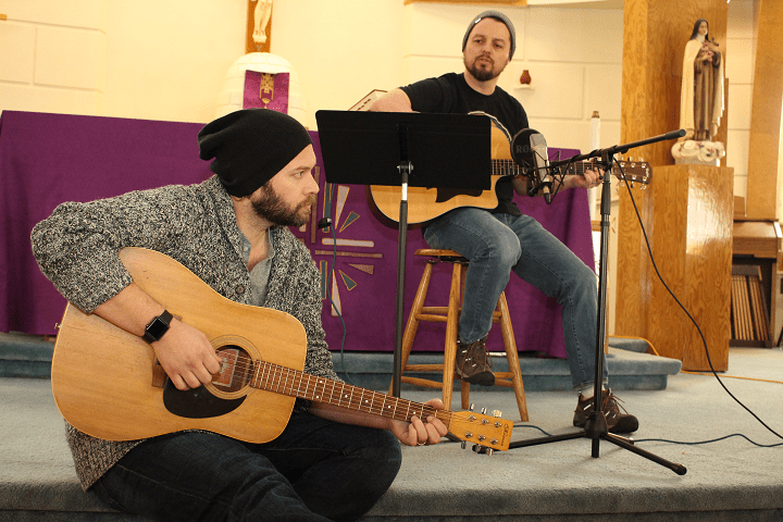 Abe Drennan and Jason Manns recording “Spirits Soared.”