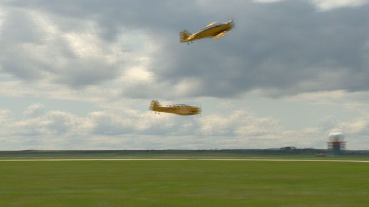 The Saskatchewan Airshow returns this July after a 14 year hiatus. Performers include Yellow Thunder,  seen here, an Alberta duo piloting a pair of Harvard military training aircraft. 
