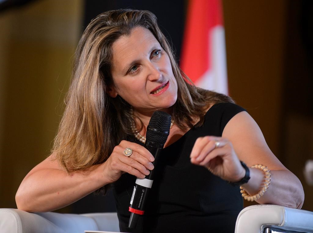 Minister of Foreign Affairs Chrystia Freeland speaks during a panel at the Ukraine Reform Conference in Toronto on Wednesday, July 3, 2019.