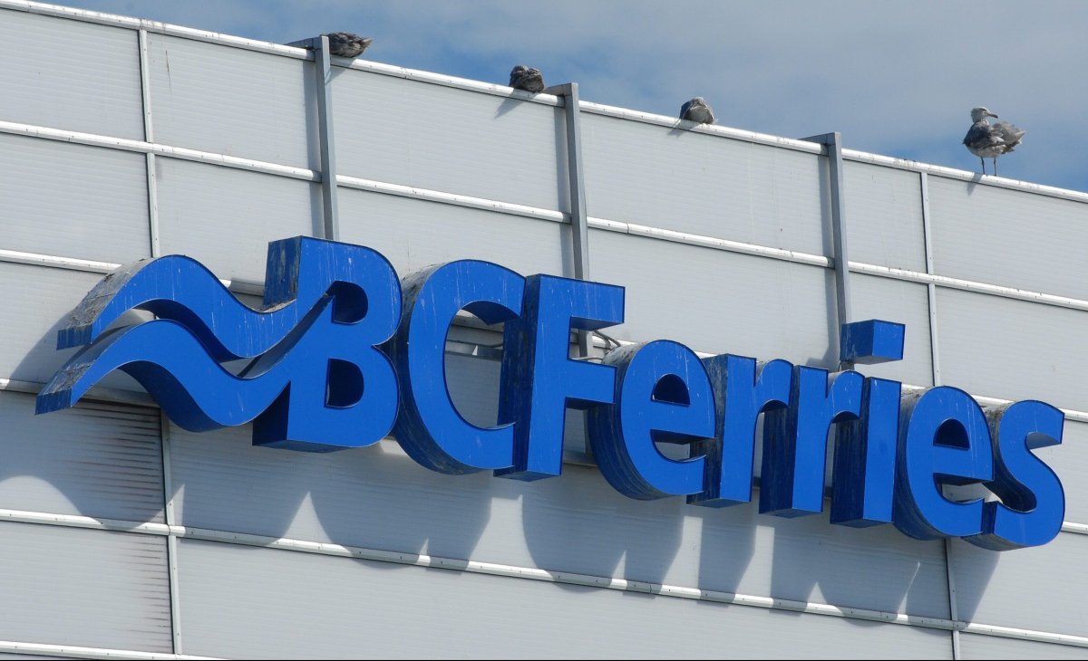 A sign for BC Ferries on a building at the Tsawwassen Ferry Terminal in Tsawwassen, British Columbia.