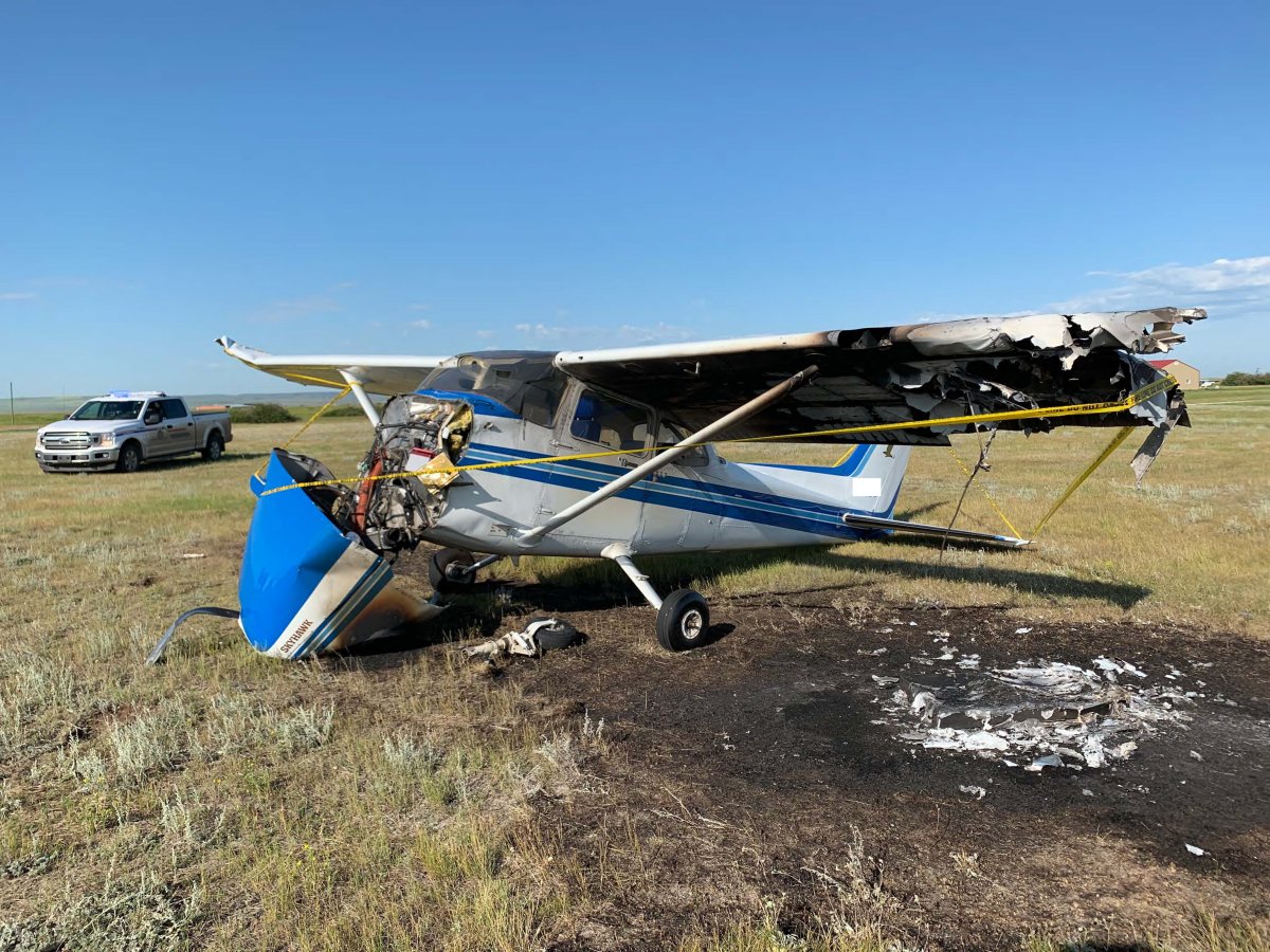 A plane involved in a crash at the Hanna airport in the early morning of July 30, 2019.