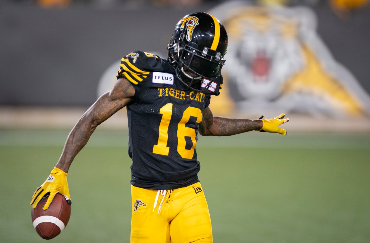 Hamilton Tiger Cats receiver Brandon Banks (16) celebrates his game-winning touch-down during second half CFL football game action against the Calgary Stampeders, in Hamilton, Ont., on Saturday, July 13, 2019.