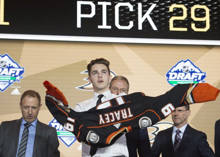 Anaheim Ducks select Brayden Tracey during the first round NHL draft at Rogers Arena in Vancouver, Friday, June, 21, 2019. 