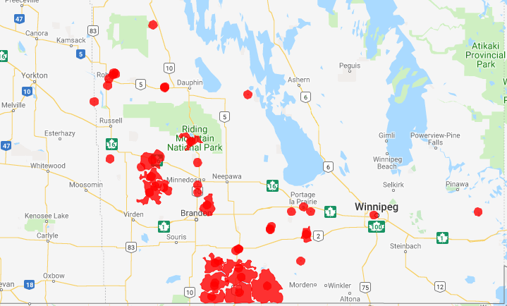 Power is out in several areas in southern Manitoba.