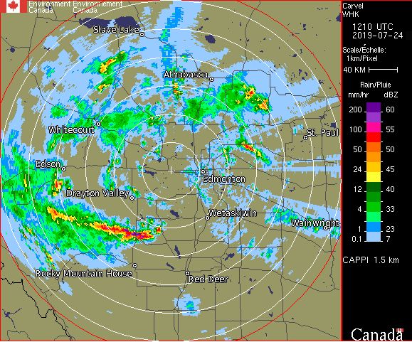 Edmonton region radar as of 6:18 a.m. on Wednesday, July 24, 2019.