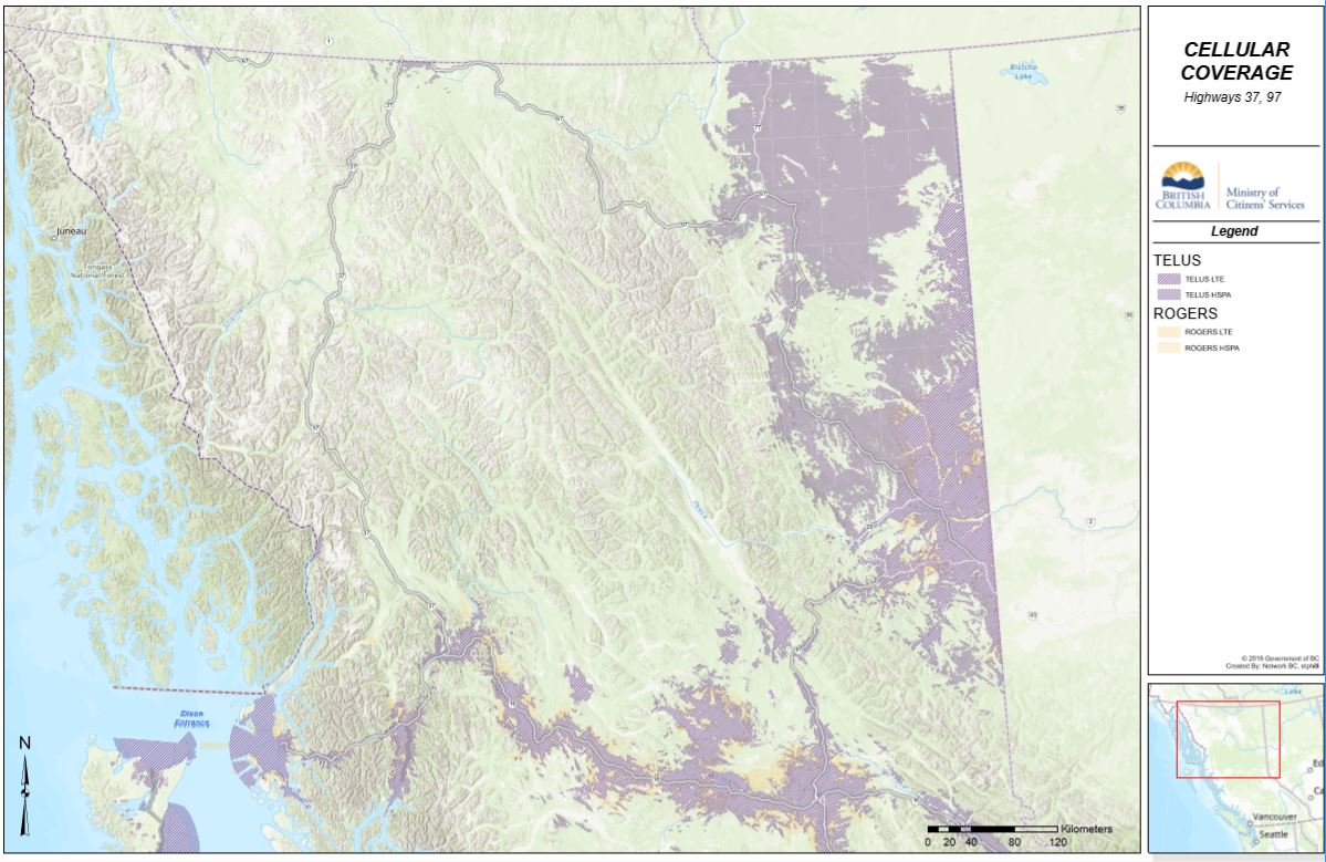 A map showing cellular coverage across B.C. According to the map, no coverage exists in the areas where the bodies of Lucas Fowler, Chynna Deese and Leonard Dyck were found in northern B.C.