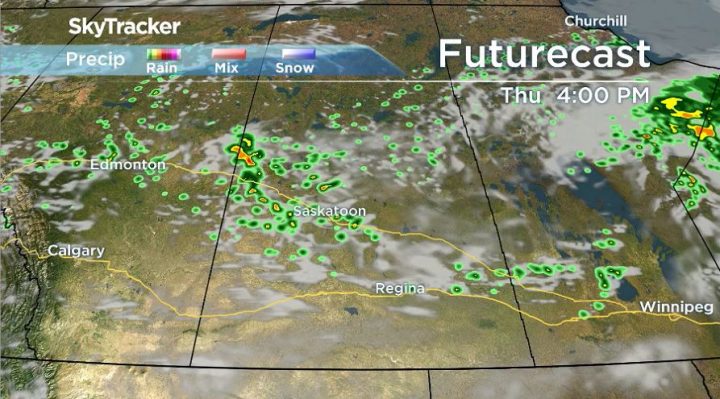 Chance of a thundershower on Thursday in Regina as a low-pressure system moves through.