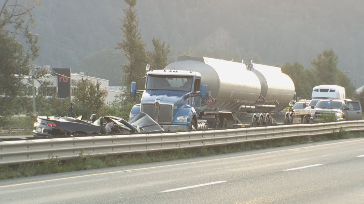 A semi truck and at least three other vehicles sit damaged after a multi-vehicle crash on Highway 1 in Chilliwack on Sunday, July 28, 2019.