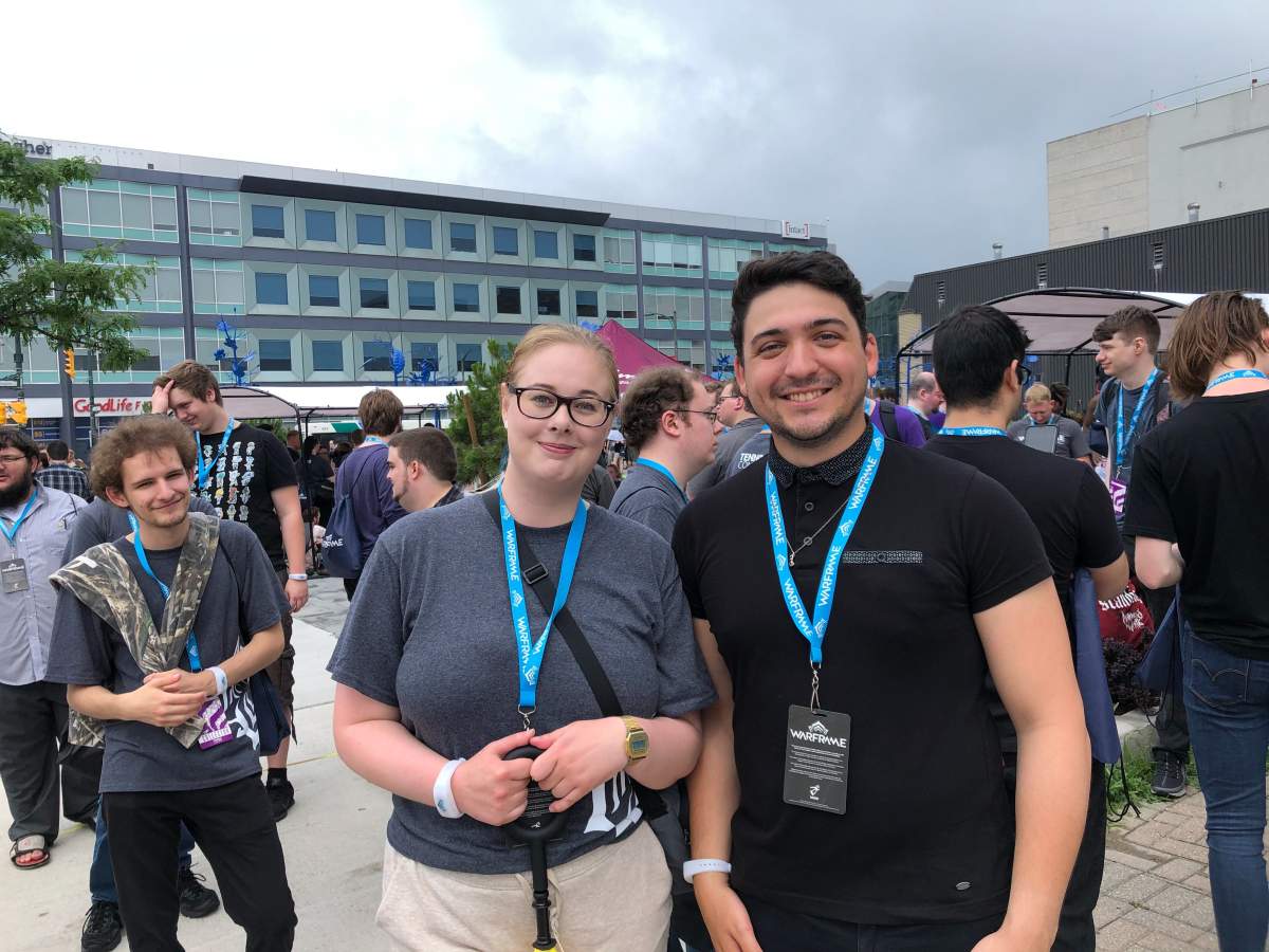 Friends Kristian Poemtcinao (right) and Emma Eythorsdottir stand in line for TennoCon 2019. The pair travelled from Iceland for the London, Ont. convention on Saturday.