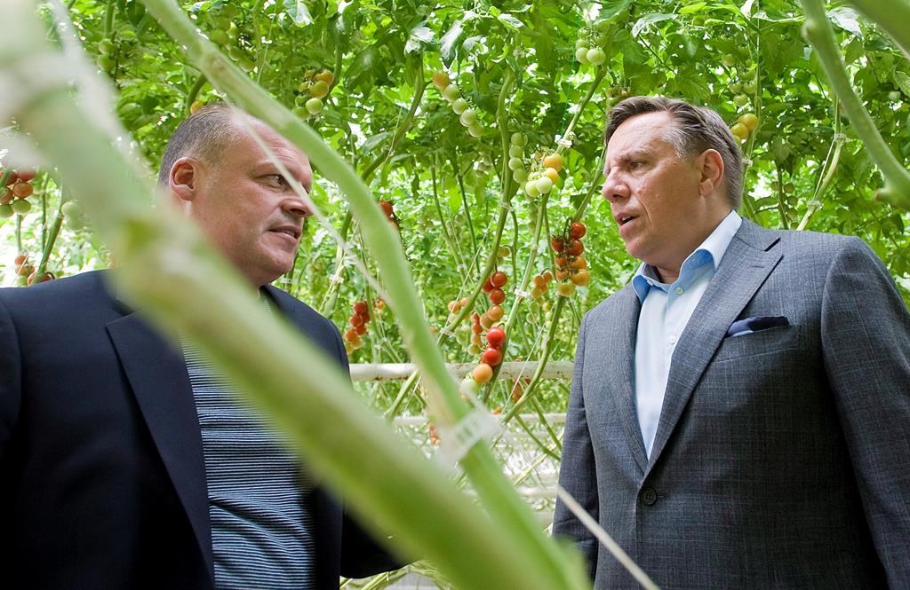 Francois Legault, right, chats with Biologico organic tomato greenhouse owner Stephane Roy during an election campaign stop. Search and rescue teams will continue their search today for Quebec businessman Stéphane Roy, left, and his teenage son.